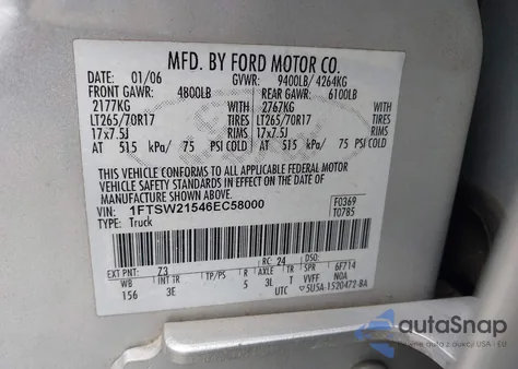 2006 Ford F-250 Lariat/Xl/Xlt from USA, damaged, VIN 1FTSW21546EC58000